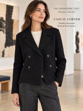 Casual Corner Black Boiled Wool Double Breasted Jacket Blazer M